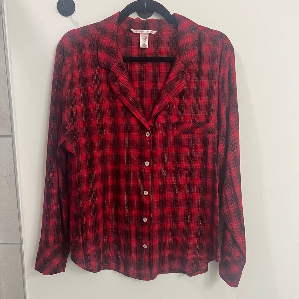 Victoria’s Secret Red Shimmer Plaid Button-Up Pajama Shirt, Size Large